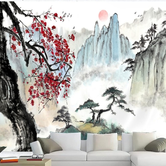 XL Japanese Mountain Scenery Cherry Trees Wall Tapestry Asian Nature Big Art New - Picture 2 of 8